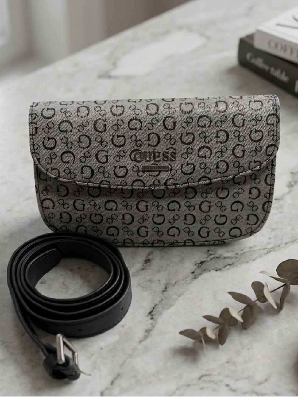 GUESS Gray Monogram Belt/Shoulder Bag with Black Strap
